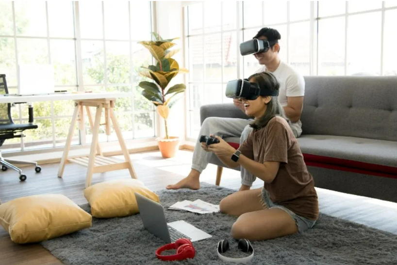 family playing video games wearing arvr headset